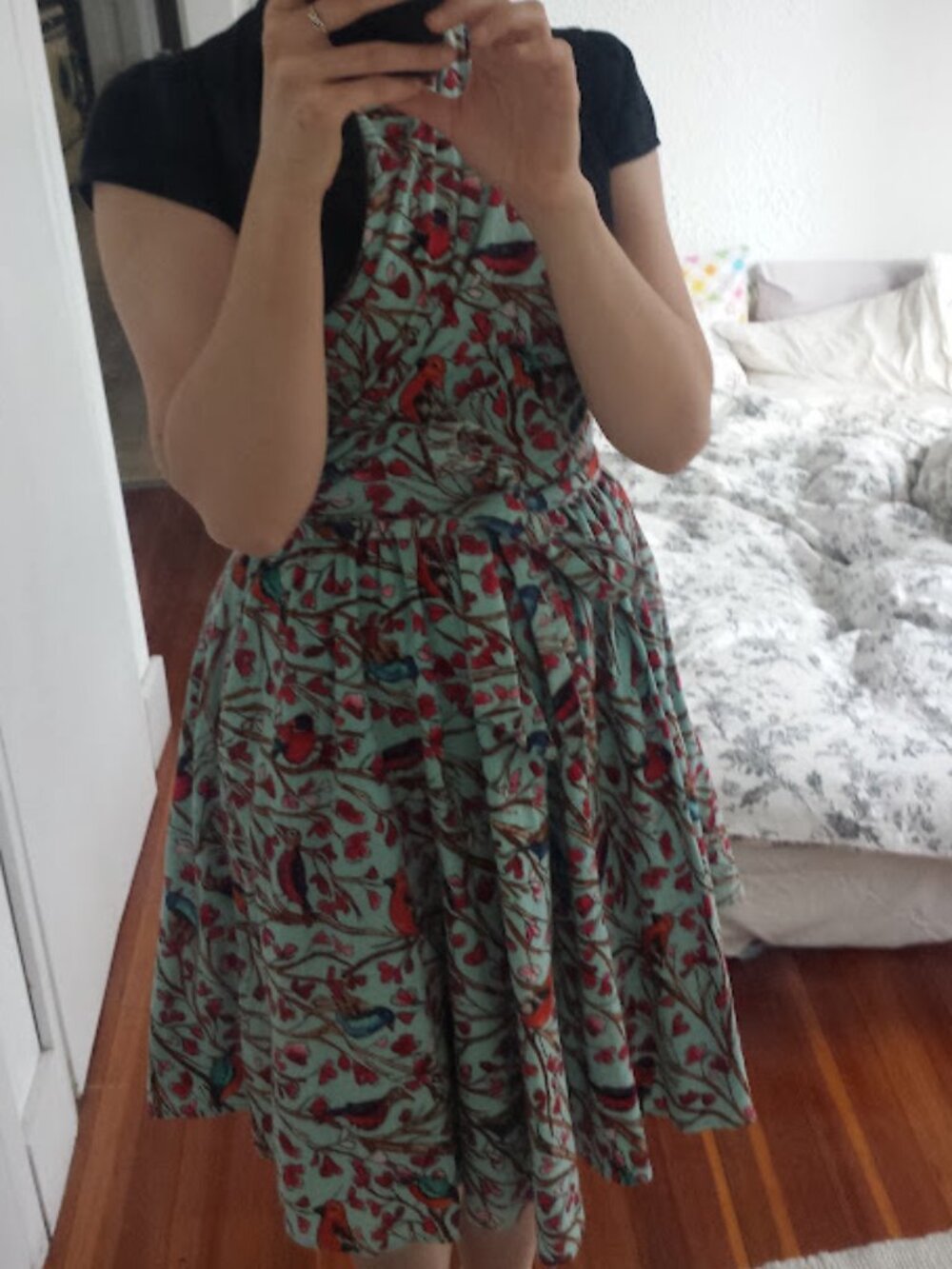 ModCloth Retrolicious Teal Bird Dress with built-in waist tie - Size Medium